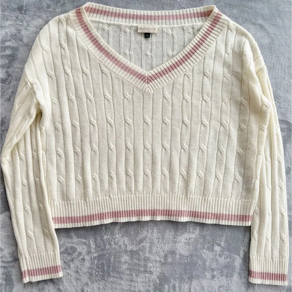 Alredine Sweater Womens XL Ivory Cream Pink Preppy Cable Knit Acedemia Pullover - Picture 1 of 5